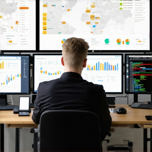 SEO expert reviewing local search analytics on multiple screens.