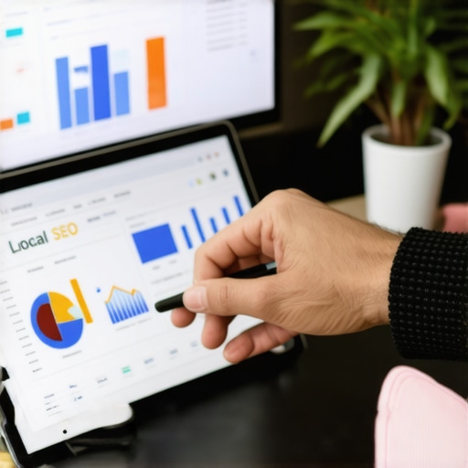 Business owner reviewing local SEO analytics on a laptop in a professional office
