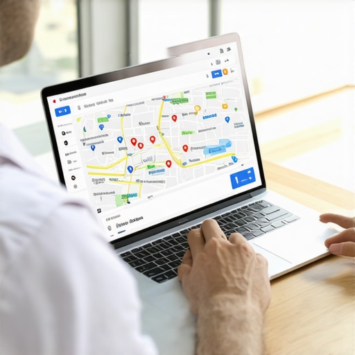 Analyzing Local SEO Performance Business owner reviewing Google Maps analytics and SEO metrics.