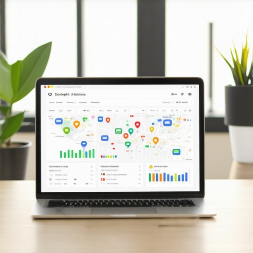 Google Maps Analytics and Local SEO Metrics Laptop displaying Google Maps and local SEO analytics in an office setting.