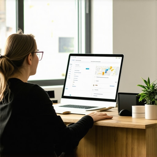 Optimizing Google Maps with Schema and Backlinks Business owner working on local SEO optimization with schema markup and backlinks.