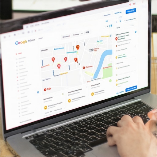Business owner updating Google My Business profile with reviews and photos.