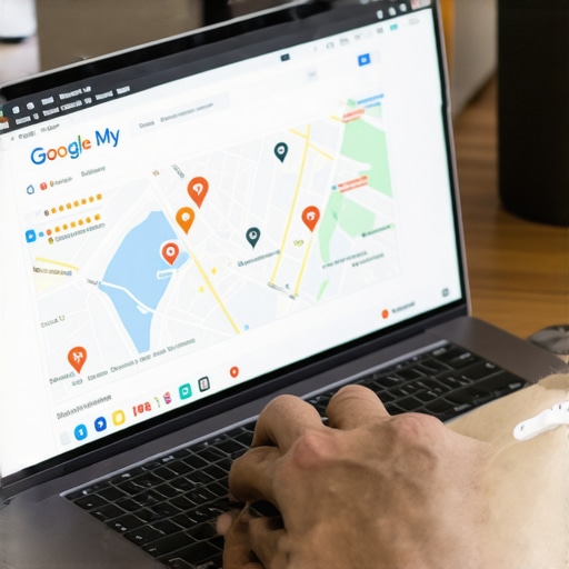 SEO professional reviewing local map listings and reviews on a laptop.