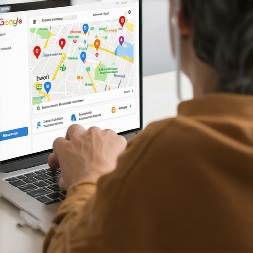 Person working on Google My Business profile on laptop with local map and SEO icons