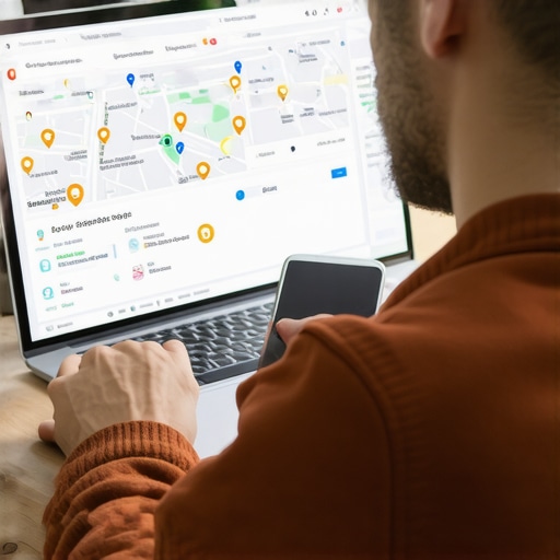 Digital marketer analyzing local SEO tools Person reviewing local SEO analytics on laptop and smartphone for Google Maps ranking