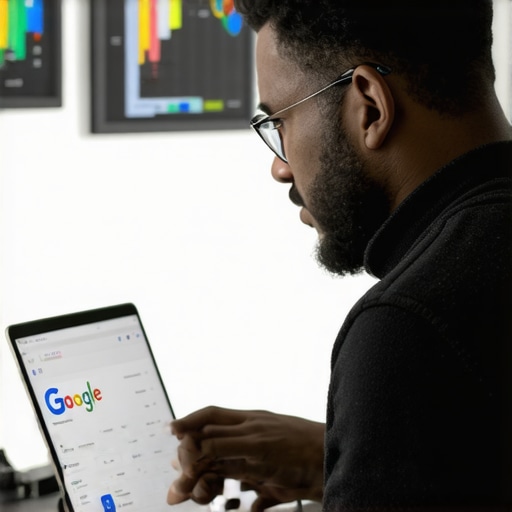 Business owner optimizing Google My Business profile on laptop with analytics charts.