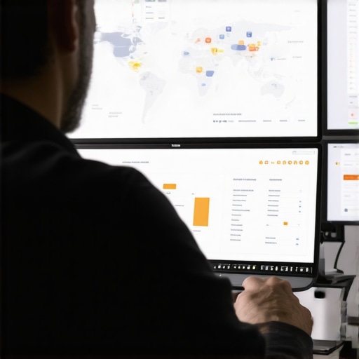Digital marketer reviewing maps and SEO analytics on multiple monitors