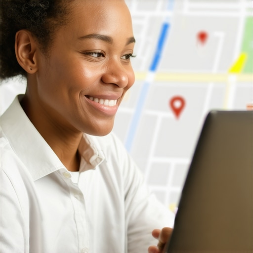 Optimizing Google My Business Profile Business owner updating Google My Business profile on laptop with local map background