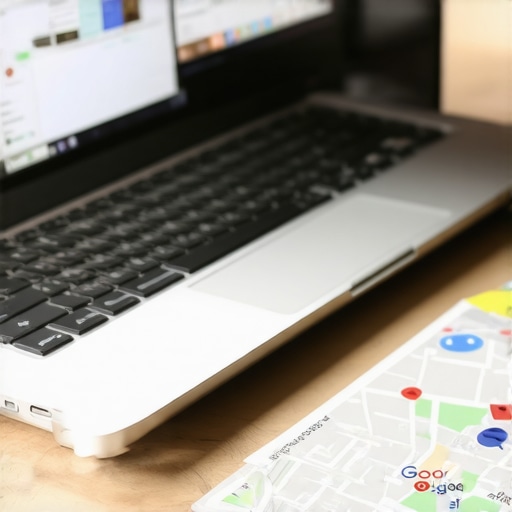 Business owner working on Google My Business profile on laptop with local map in background