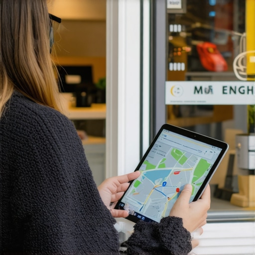 Business owner reviewing maps and customer data on a tablet to improve local visibility.