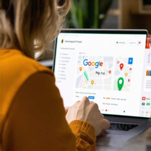 Person optimizing Google My Business profile on a laptop showing maps and analytics