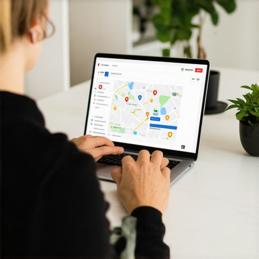 Optimizing Google Maps Profile Strategy Person working on Google Maps profile optimization with visual analytics and photos