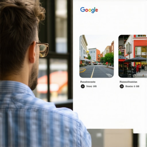 Business owner updating Google My Business profile with photos and info in a busy downtown setting