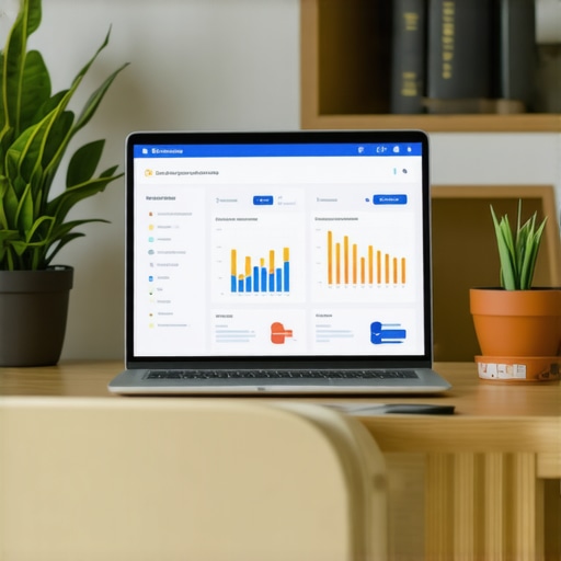 A workspace with a laptop showing local SEO analytics and reports