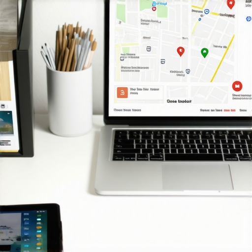 Desk with GPS and SEO tools for local map optimization.