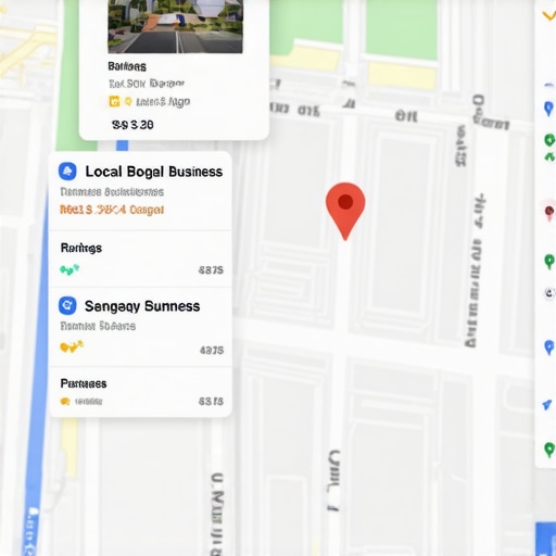 Google Maps ranking interface showing local businesses and engagement metrics.