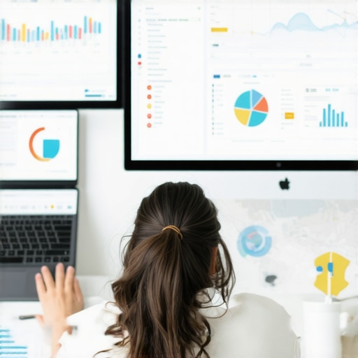 A professional analyzing local SEO data with multiple screens showing maps and analytics.