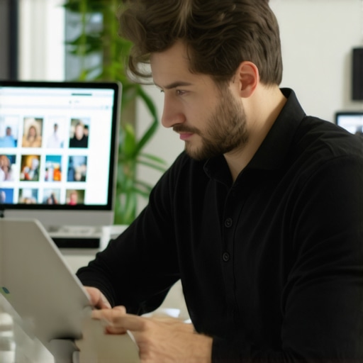 Optimizing Your Google My Business Profile Business owner updating Google My Business profile with photos and reviews