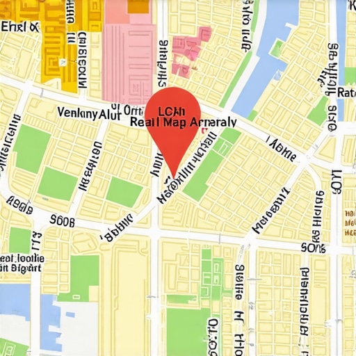 Illustration showing local SEO map ranking expansion and proximity signals across a city grid.