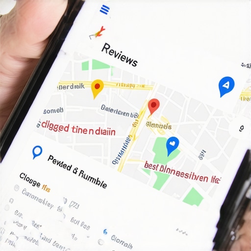 A smartphone showing Google Maps reviews with keywords highlighted for local SEO relevance.