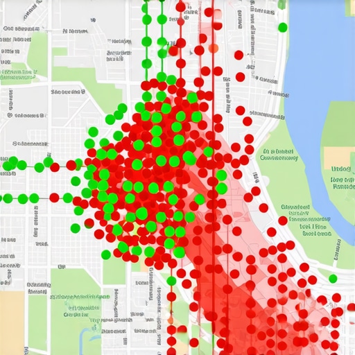 A local SEO heatmap showing varying rank positions across a city neighborhood.