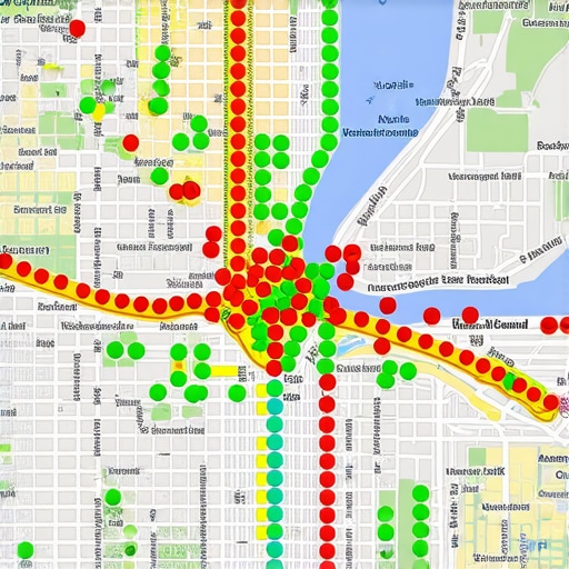A map showing rank positions across a neighborhood grid for a local business.