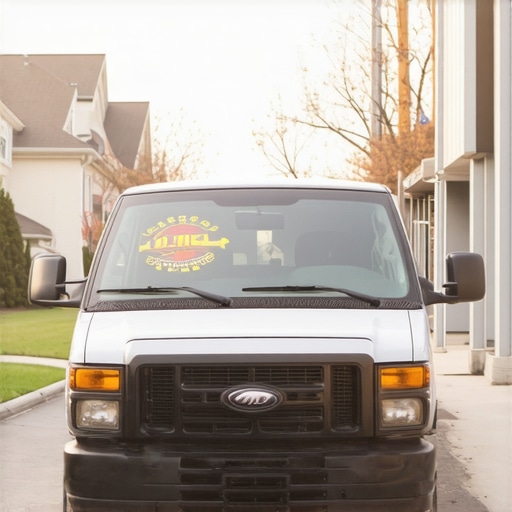 Hyperlocal business vehicle providing service in the community A service van parked in front of a local neighborhood landmark to show geographic relevance.