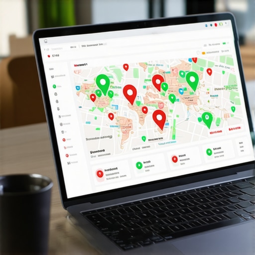 A laptop showing a local SEO grid tracker used to monitor Google Maps 3-pack rankings across a neighborhood.