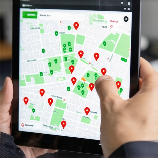 A digital rank tracking grid showing local map visibility across different city blocks on a tablet.