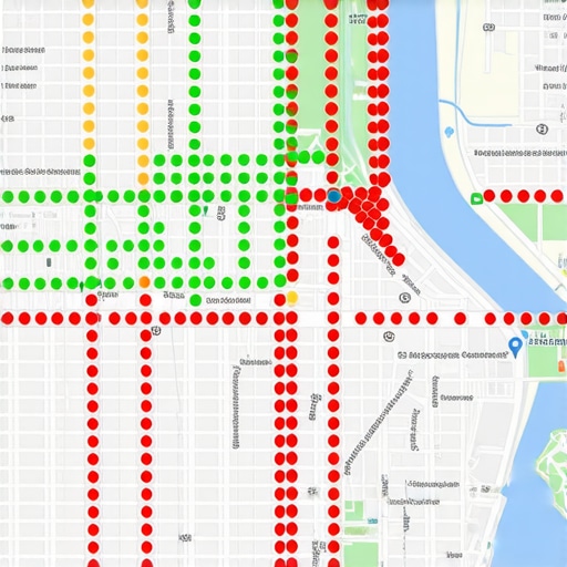 A digital grid overlay on a city map showing ranking positions for local SEO optimization.