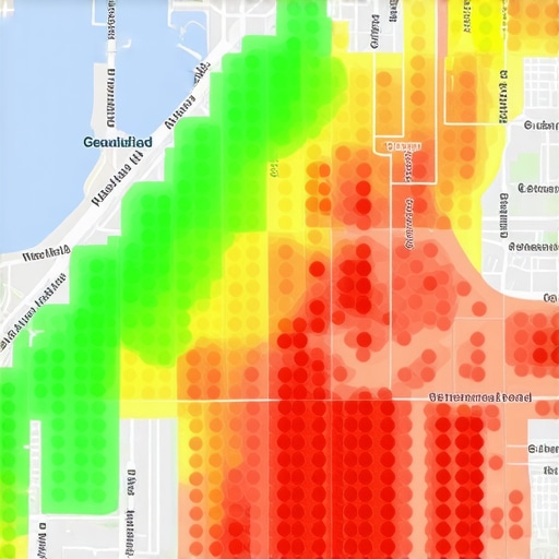 A geogrid heatmap showing Google Maps ranking positions across a local neighborhood.