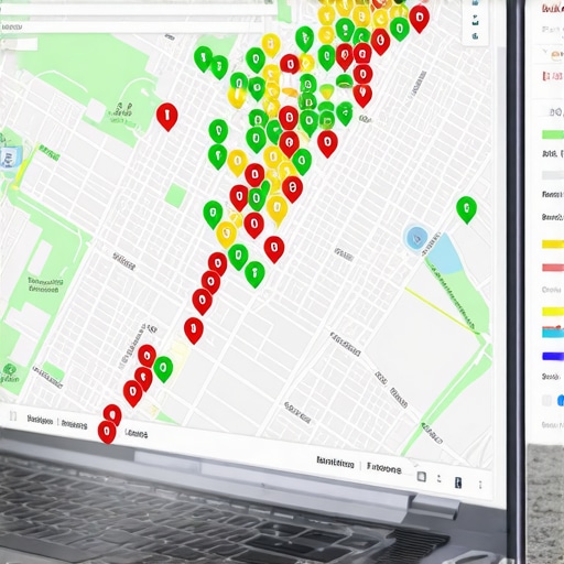 A digital map showing local search rankings across a specific geographic area using a grid of colored dots.