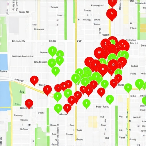 A visualization of local search rankings across a geographic area using a grid tracking tool.