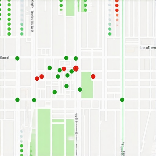 A ranking grid map showing geographic visibility of a local business across various neighborhoods.