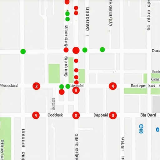 A digital map showing local SEO ranking density across a city grid.