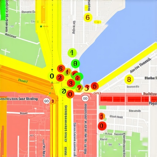 A visualization of local maps visibility using a grid tracking tool showing ranking positions across a geographic area.