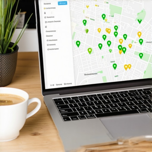 A computer screen showing a local SEO tracking tool that visualizes Google Maps 3-pack visibility across a neighborhood.
