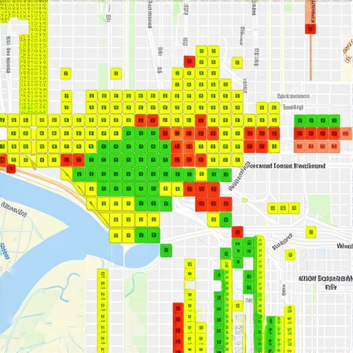 A geographic heatmap showing search ranking positions across a local city area.