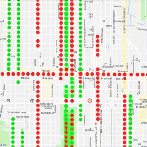 A rank tracking heatmap showing green and red dots over a city map to illustrate local maps visibility.