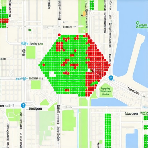 A visual representation of local search ranking visibility across a city grid for map pack seo tracking.