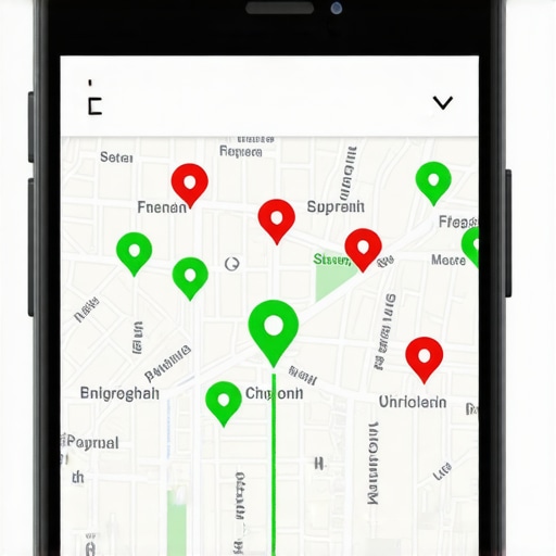 A smartphone displaying a 3x3 grid of search rankings across a local neighborhood map showing visibility levels.