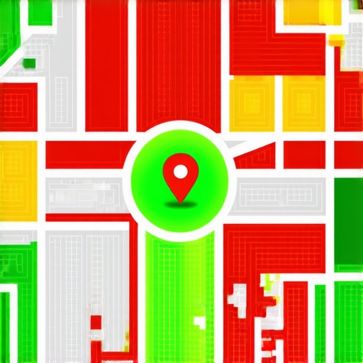 A geographic heatmap showing local search ranking positions across a city grid.