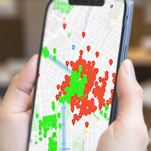 Smartphone showing a local search ranking grid map for a business