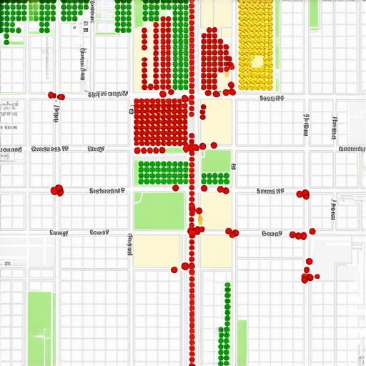 Local SEO grid tracking map showing rank fluctuations across a city neighborhood.