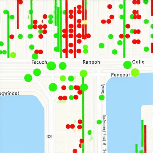 A visual representation of local SEO grid tracking showing business rankings across a city map.