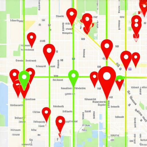 A digital map showing local SEO ranking nodes and proximity data for a business.
