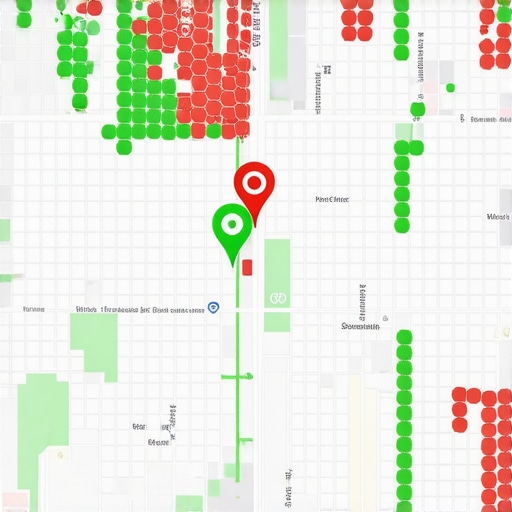 A digital map showing a local SEO grid tracking tool with ranking data points over a city.