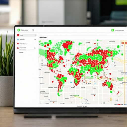 Local SEO Heat Map Dashboard for Google Maps Optimization Digital dashboard showing a grid of local ranking pins over a map for SEO tracking.
