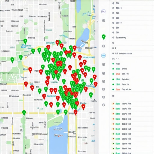 Local SEO Heat Map Ranking Tool An SEO dashboard showing a grid of ranking data across a local neighborhood map.