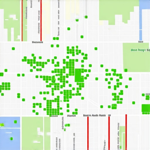 A heatmap showing high ranking positions for a local business across multiple neighborhoods.